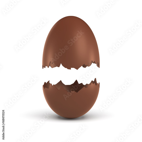 3d rendering of a hollow chocolate egg broken in half at the middle with both parts hanging above each other.