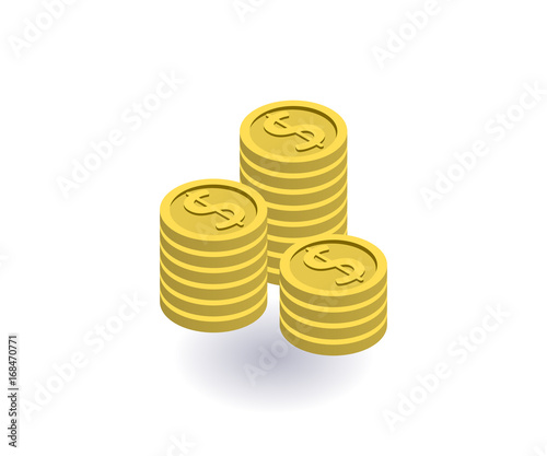 Coins icon, vector symbol in flat isometric 3D style isolated on white background.
