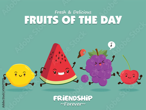 Vintage food poster design with vector lemon, water melon, grapes, cherry character.