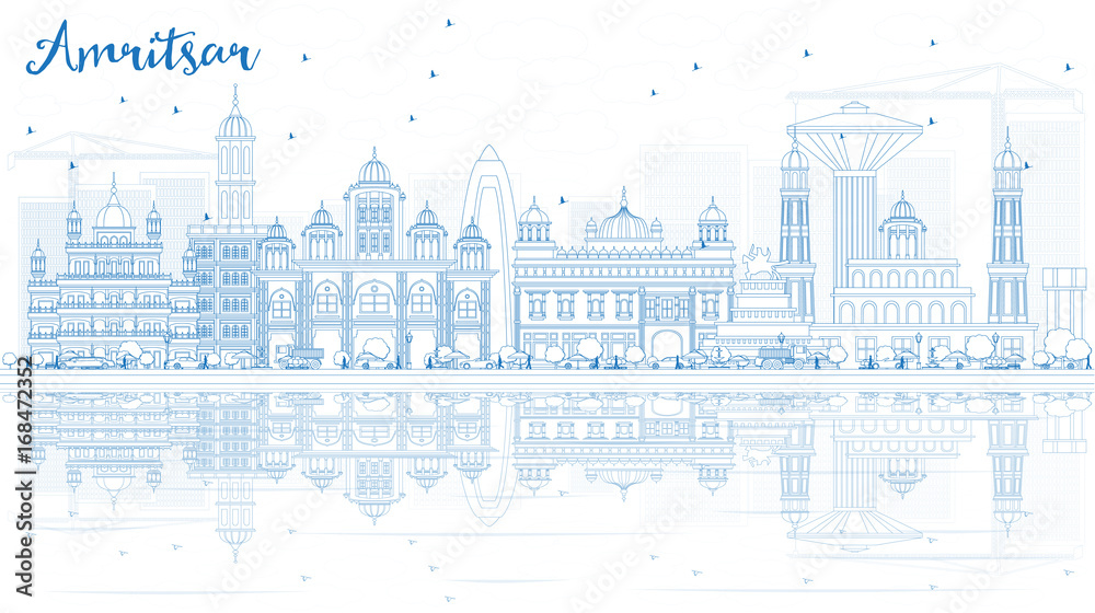 Outline Amritsar Skyline with Blue Buildings and Reflections. Outline Amritsar Skyline with Blue Buildings and Reflections.