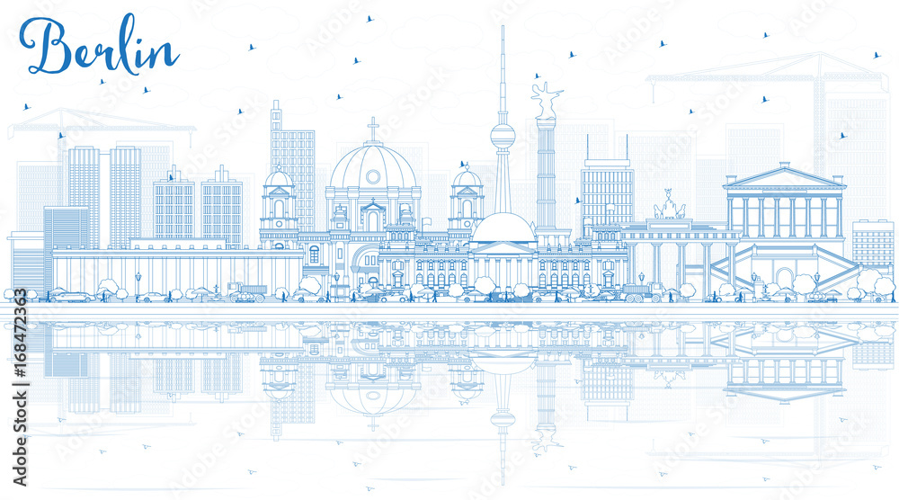 Outline Berlin Skyline with Blue Buildings and Reflections.