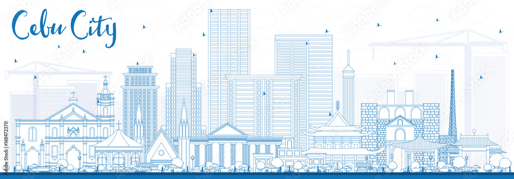 Outline Cebu City Philippines Skyline with Blue Buildings.