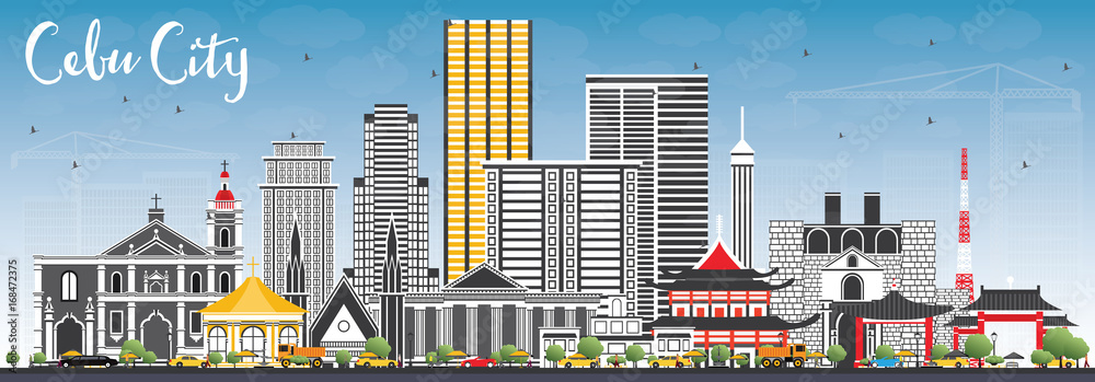 Cebu City Philippines Skyline with Gray Buildings and Blue Sky.