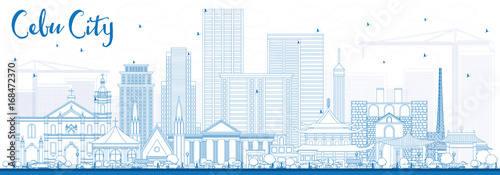 Outline Cebu City Philippines Skyline with Blue Buildings.