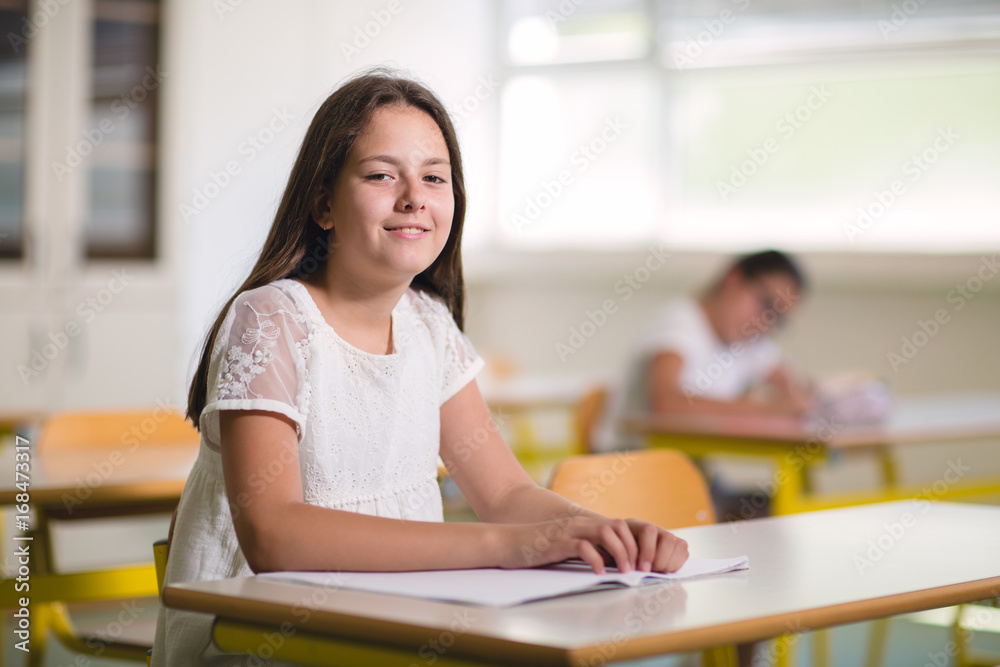 Portrait of two happy schoolgirls in a classroom selective focus Portrait of two happy schoolgirls in a classroom selective focus