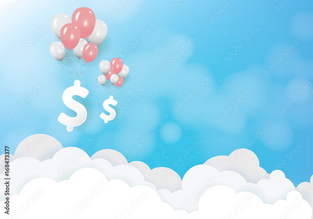 Paper art of dollar sign hanging with balloon, business and finance background concept. Vector illustration.