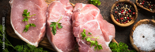 Fresh meat. Raw pork steak. Long banner format.