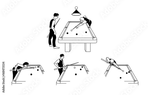 Vector illustration of billiards competition. Young men playing game of billiard, taking a shot.