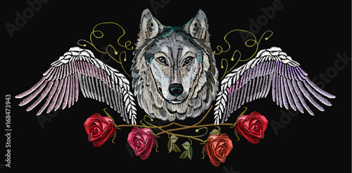 Embroidery wolf, wings and roses. Embroidery wolf. Fashion modern embroidery wolf  head red roses and wings, rock print for clothes, textiles, t-shirt design