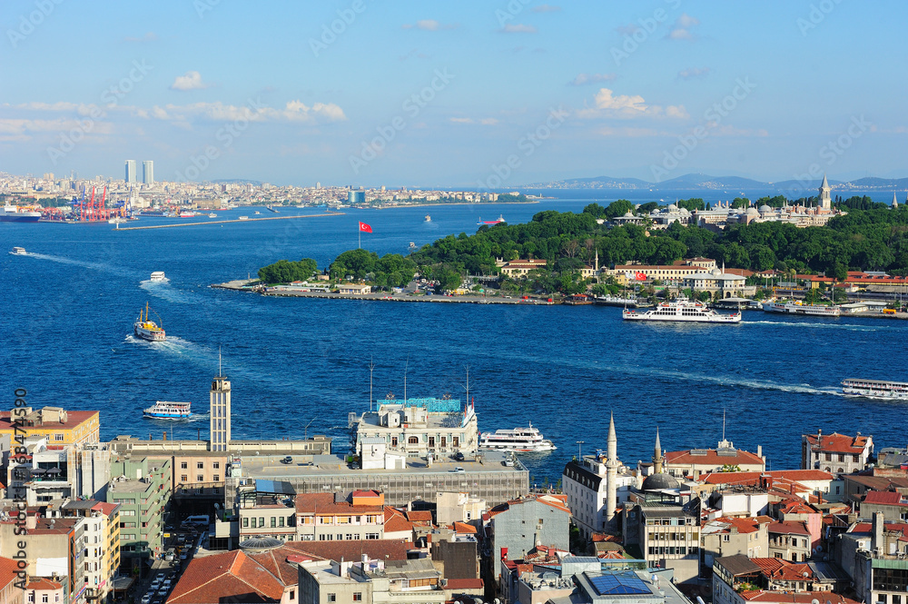 Bosphorus under blue sky and Istanbul cityscape,Turkey