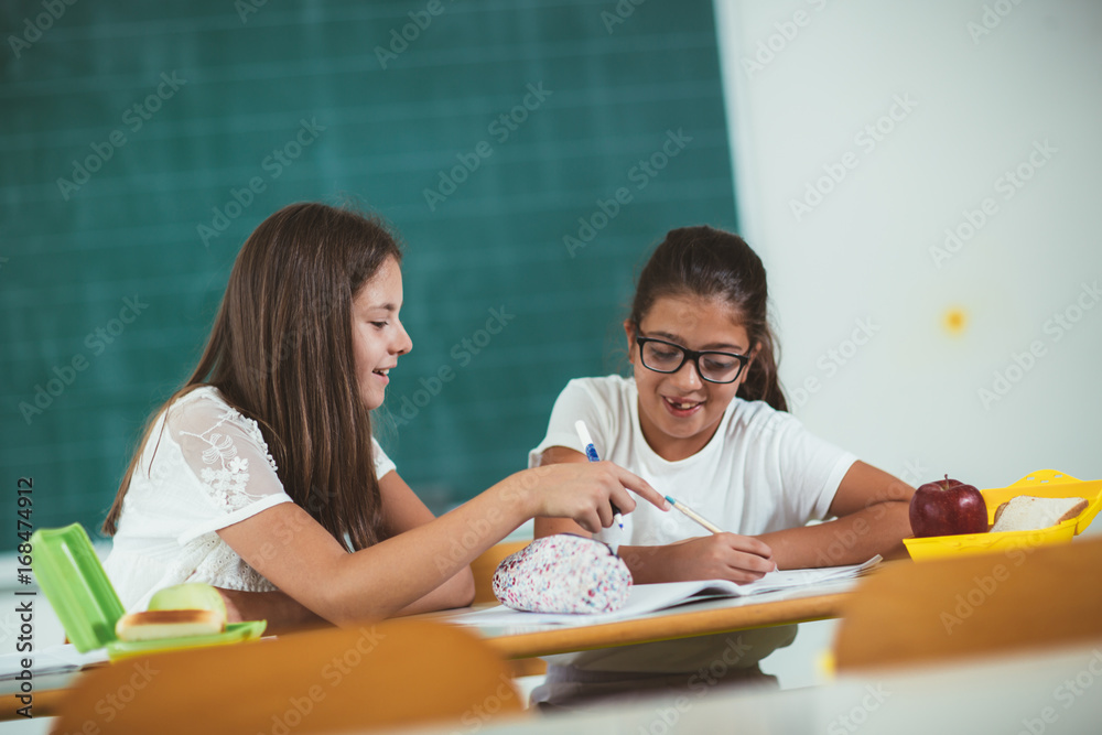 Portrait of two girls in the lunch break at the school selective focus Portrait of two girls in the lunch break at the school selective focus