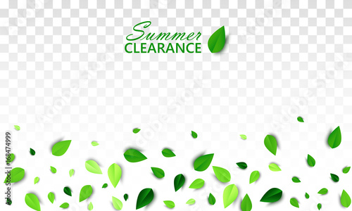 Summer clearance concept with scattered green 3d leaves on white transparent background. Vector illustration. All isolated and layered