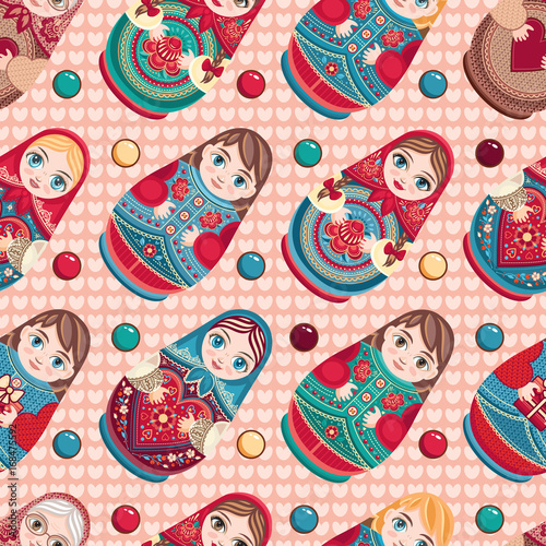 Russian souvenir. Matryoshka - babushka doll. Seamless pattern. Vector