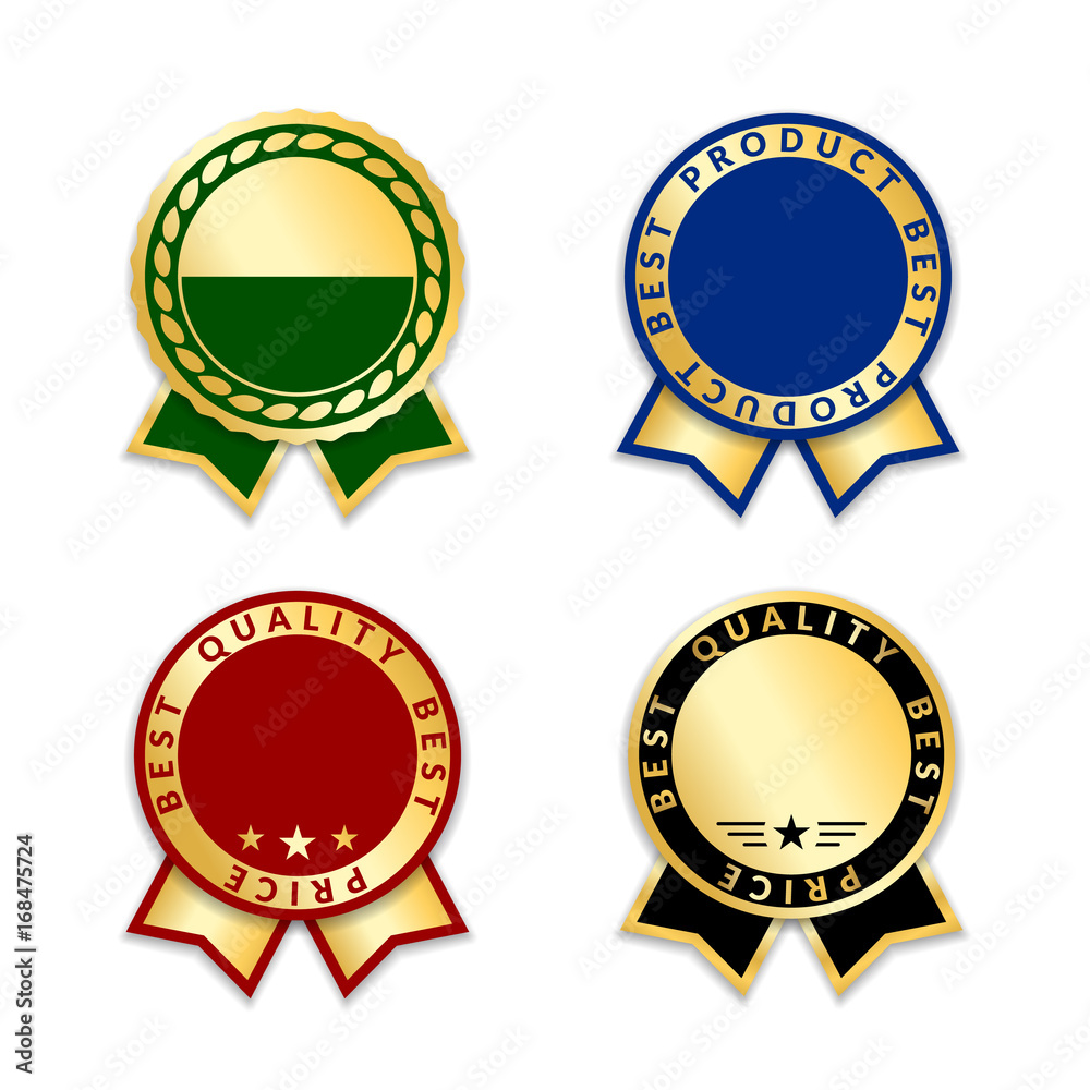 Ribbons award best product of year set. Gold ribbon award icons isolated on white background. Best product golden label for prize, badge, medal, guarantee quality product Vector illustration Ribbons award best product of year set. Gold ribbon award icons isolated on white background. Best product golden label for prize, badge, medal, guarantee quality product Vector illustration