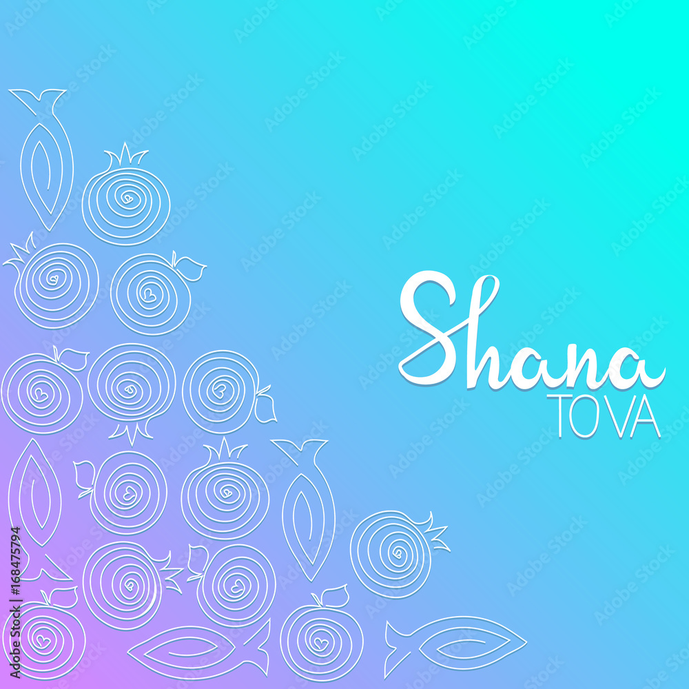 Rosh hashana greeting card with abstract apple, pomegranate and fish illustration. Place for text . Rosh hashana greeting card with abstract apple, pomegranate and fish illustration. Place for text .