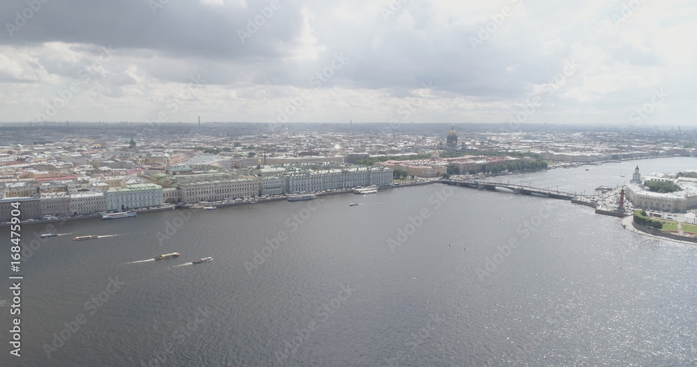 Aerial fly over St. Petersburg neva with view of dvortsovaya naberezhnaya in summer day
