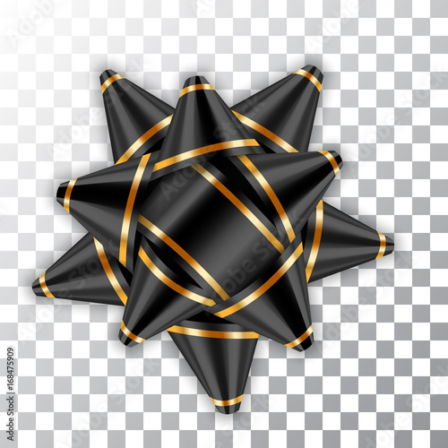 Gold bow ribbon decor element package. Shiny golden template gift present isolated white transparent background. Christmas, New Year celebration holiday, birthday design Vector illustration