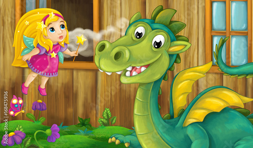 Cartoon background for fairy tale - old fashioned house facade - dragon outside smelling  some food talking to the flying fairy - illustration for children