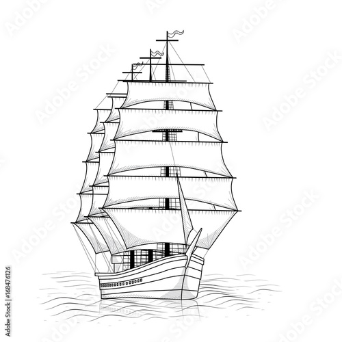 vintage ship with sails and reflection