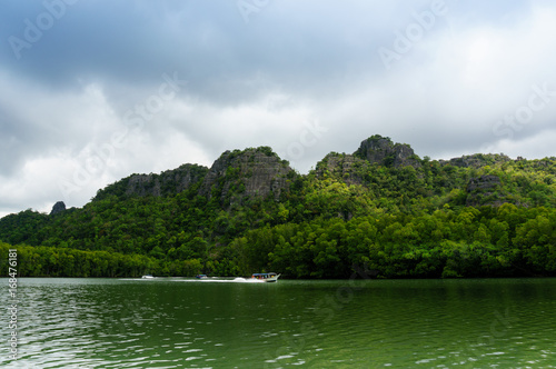 Speed boat moving at high speed on a green water river against a backdrop of hills  cloudy skies and forests. These river trips are very popular in the Kilim geoforest in Malaysia