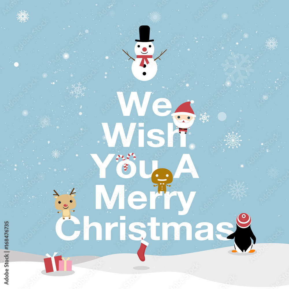 Merry Christmas Card. We wish you a Merry Christmas text. Bright cartoon  background with holiday symbols. Christmas greeting cards on blue background.  All in a single layer. Vector illustration. Stock Vector |