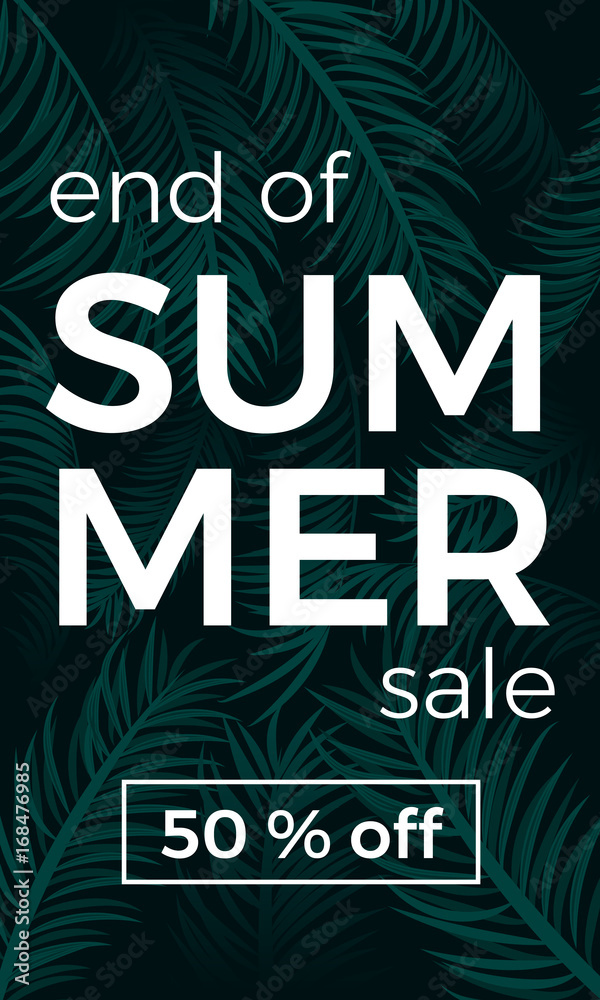 Naklejka premium end of summer sale vector banner with palm leaves