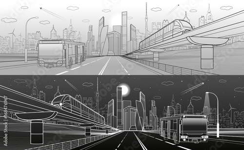 City infrastructure transport panorama. Monorail railway. Train move over flyover. Modern night city. Airplane fly. Towers and skyscrapers. Bus move. White and black lines, vector design art