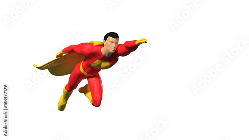 toy miniature superhero figure flying into an empty space, concept isolated on white background