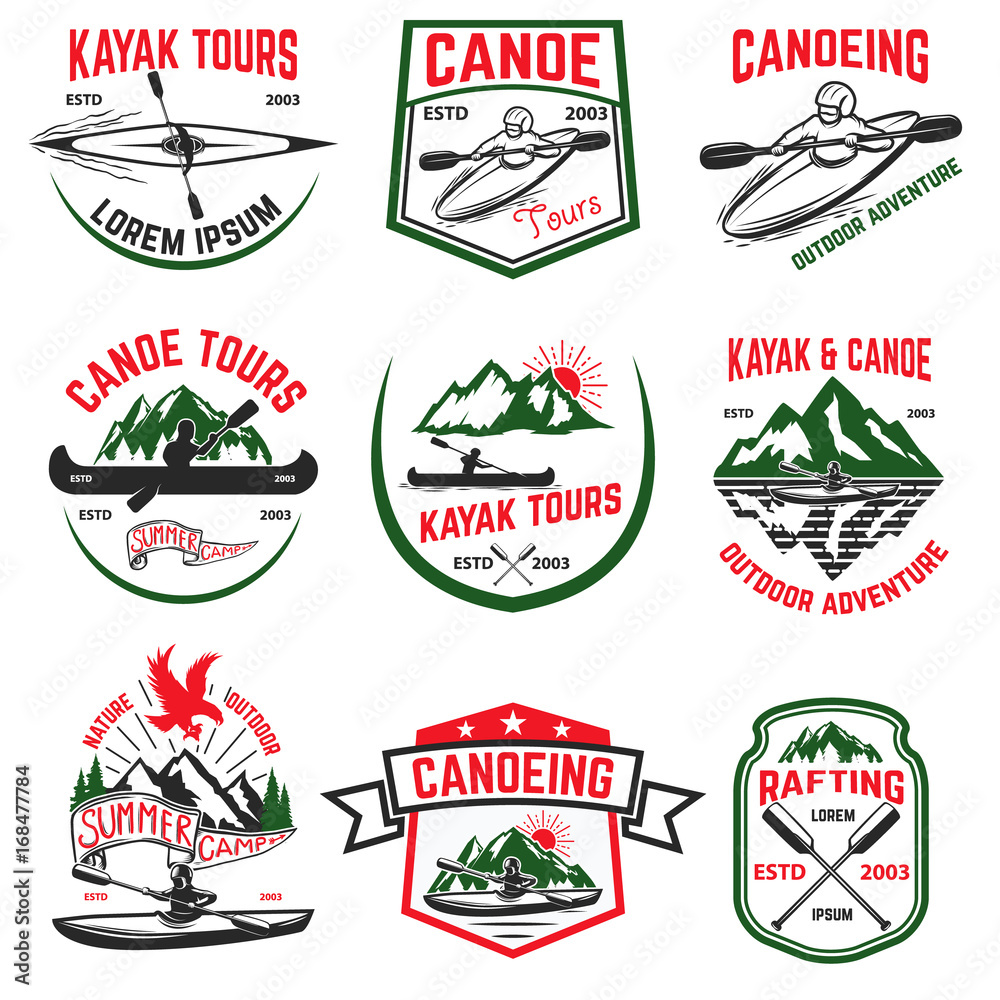 Obraz premium Set of canoeing and kayaking tours emblems. Rafting.