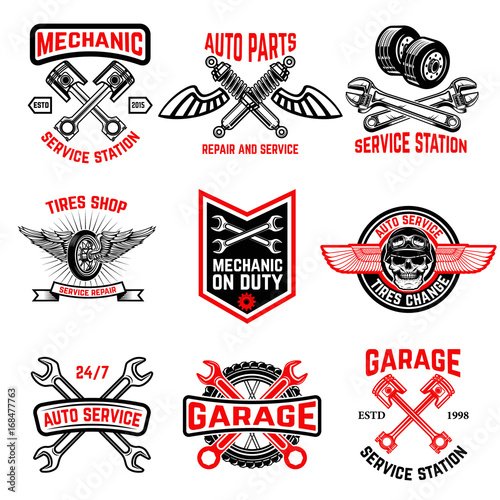 Set of auto service emblems. Auto parts, tires shop,mechanic on duty.