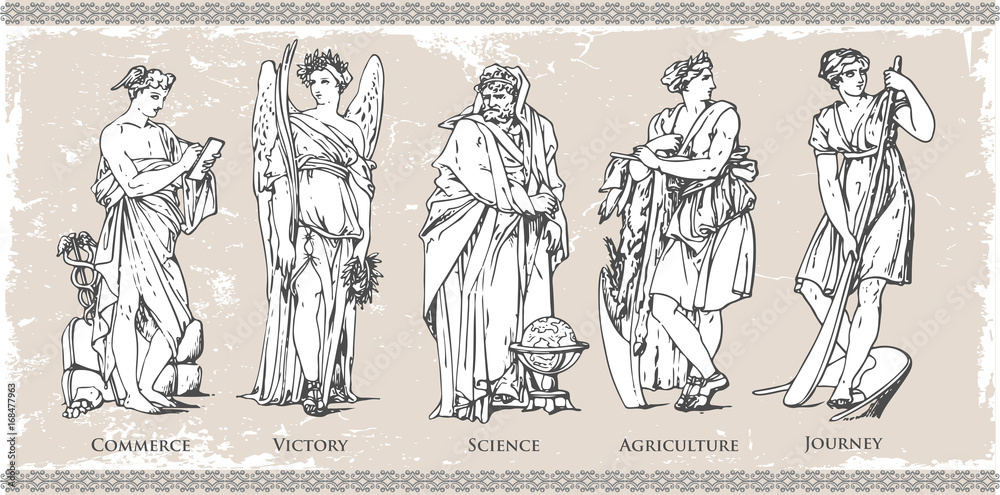 Ancient Roman and Greek historical figure and character set illustration in vintage vector file image on isolated background with wall texture Ancient Roman and Greek historical figure and character set illustration in vintage vector file image on isolated background with wall texture