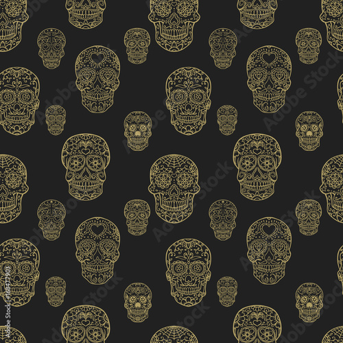 Seamless pattern with hand drawn sugar skulls. Day of the dead. Dia de los muertos.