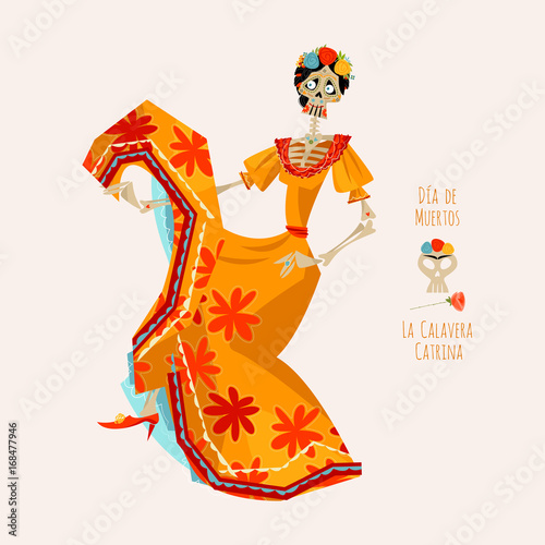 La Calavera Catrina. Elegant Skull. Dia de Muertos. Dancing skeleton.