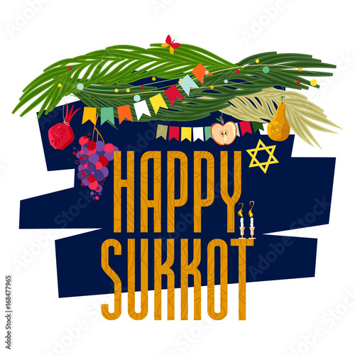 Greeting card “Happy Sukkot“. Harvest festival. Autumn Fest. Jewish holiday tradition.
