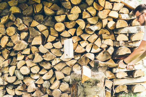 Axe with wooden handle photo