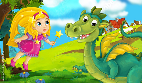 Cartoon background of fairy flying in the forest near the village and talking to dragon - illustration for children © agaes8080