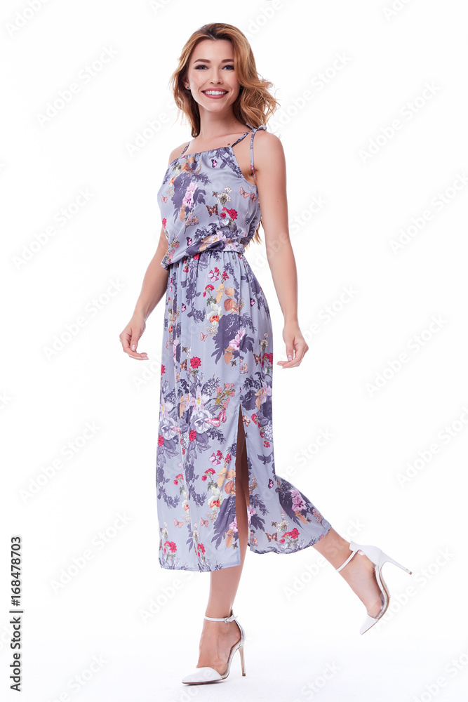 Pretty sexy lady fashion model blond hair wear long silk dress organic catalog of clothes casual style for walk meeting white background beautiful woman summer collection. Pretty sexy lady fashion model blond hair wear long silk dress organic catalog of clothes casual style for walk meeting white background beautiful woman summer collection.