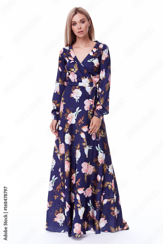 Pretty sexy lady fashion model blond hair wear long silk dress organic catalog of clothes casual style for walk meeting white background beautiful woman summer collection. Pretty sexy lady fashion model blond hair wear long silk dress organic catalog of clothes casual style for walk meeting white background beautiful woman summer collection.
