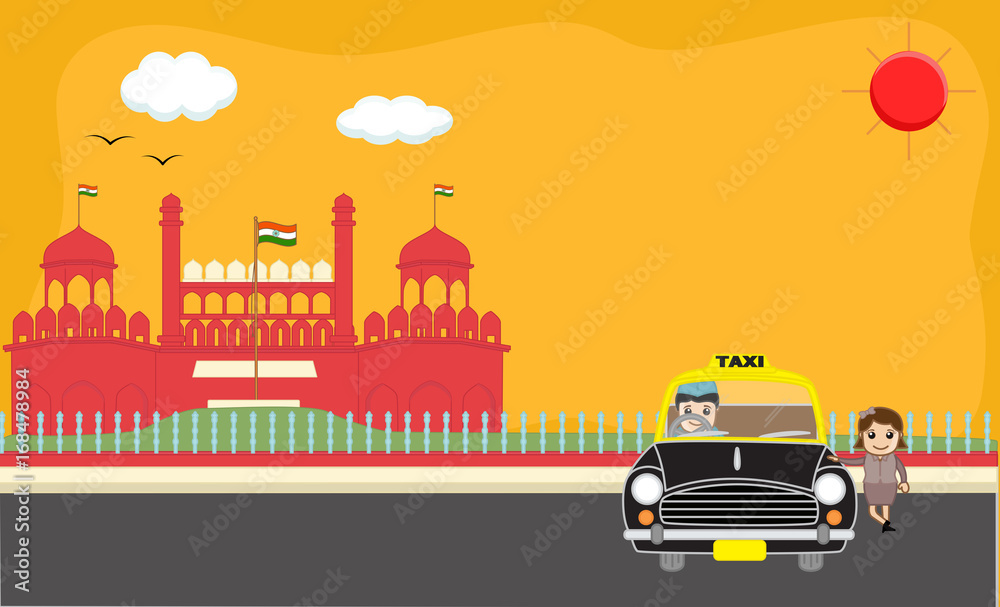 Cartoon Girl Standing with Taxi in Front of Red Fort