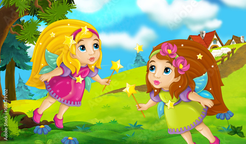 Cartoon background of fairies flying in the forest near the village - illustration for children