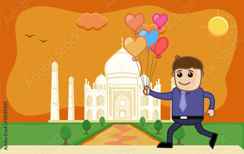 Lover Boy Running with Heart Balloons at Taj Mahal