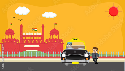 Businessman Standing with Taxi in front of Red Fort