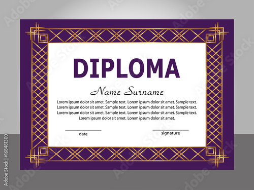 Retro vintage diploma template. Golden and purple frame. Vector