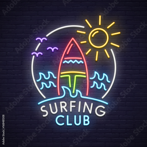Surfing club neon sign. Neon sign, bright signboard, light banner. 