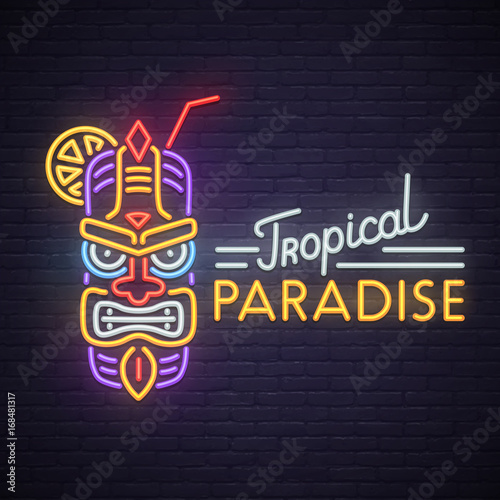 Tropical Tiki mask neon sign. Neon sign, bright signboard, light banner. 