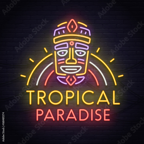 Tropical Tiki mask neon sign. Neon sign, bright signboard, light banner. 