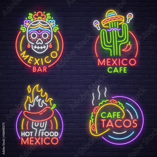 Set neon sign theme Mexico. bright signboard, light banner. Mexico food logo, emblem. 
