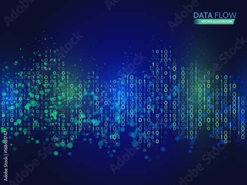 Abstract data flow background with binary code. Dynamic waves technology concept. Vector illustration information stream.