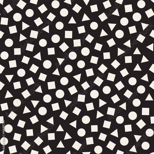 Seamless primitive jumble minimalism patterns. Randomly scattered geometric shapes. Abstract background design