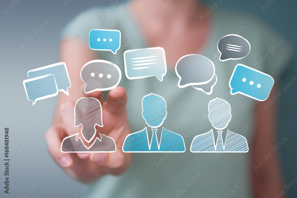 Businesswoman holding and touching discussion icons sketch Businesswoman holding and touching discussion icons sketch